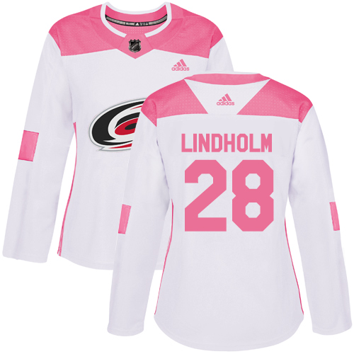 Adidas Hurricanes #28 Elias Lindholm White/Pink Authentic Fashion Women's Stitched NHL Jersey - Click Image to Close